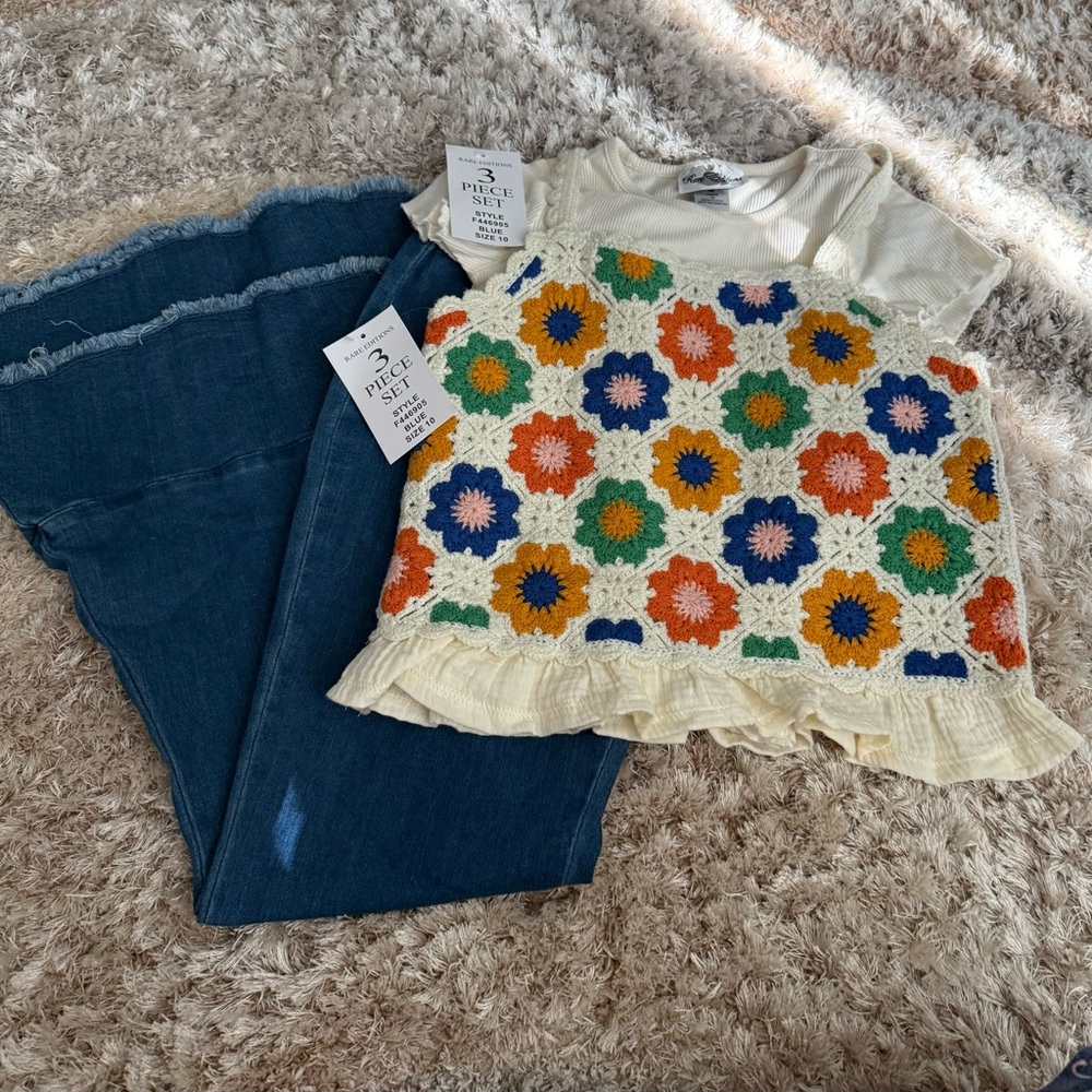 Rare Editions Multicolor Floral Top and Denim Pants Set
